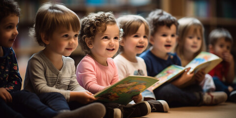 kinder im kindergarten haben spaß und sind interessiert an lesestunde, ai generativ
