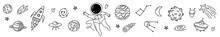 Horizontal Illustration A Set Of Space Objects And Symbols Drawn By Hand In The Style Of Doodles