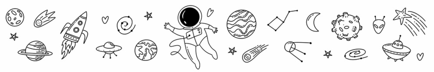 Horizontal illustration a set of space objects and symbols drawn by hand in the style of doodles