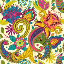 Bright Colorful Flowers Design. Decorative Flowers, Paisley, Plants Wallpaper. Stylized Big Flowers Print. Vector Indian Textile, Fabric. Decorative Nature Background. Summer Batik