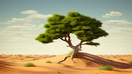 Wall Mural - Single Green tree in the desert, illustration