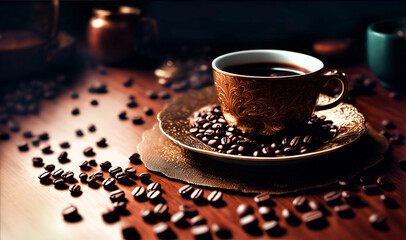 Coffee cup with hot coffee and coffee beans, over victorian atmosphere, bohemian mood, photo style selective focus.