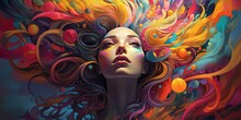 Art Illustration Of Beautiful Fantasy Woman Rainbow Hair Swirl In Wind Portrait , Generative Ai