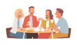 Happy friends sit in a cafe or at home, at the table, eat, drink and communicate. Meeting colleagues or buddies