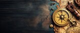 illustration of ancient compass on old vintage world map banner background, Generative Ai