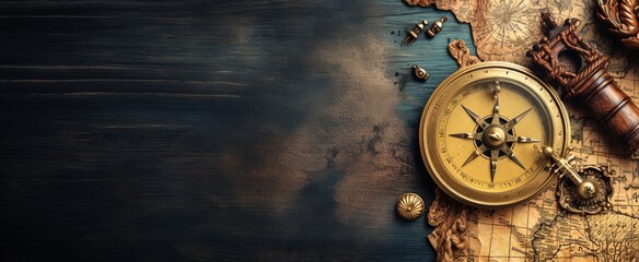 illustration of ancient compass on old vintage world map banner background, Generative Ai