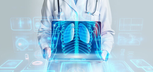 Fototapete - Unrecognizable doctor holding laptop with human body hologram