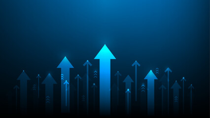 Wall Mural - business arrow up investment growth on blue background.