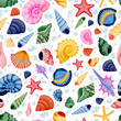 Seashells on blue background. Colorful summer travel seamless pattern. Vector flat cartoon illustration of sea shells