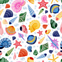 Seashells On Blue Background. Colorful Summer Travel Seamless Pattern. Vector Flat Cartoon Illustration Of Sea Shells