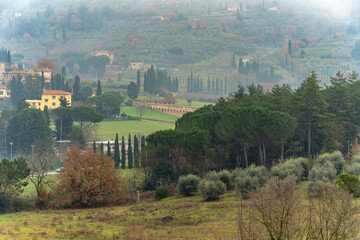 Wall Mural - View of the rolling hills and stunning countryside surrounding Arezzo, Italy, as seen from the top of the city center