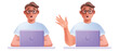 © Oleksandra - 3D man laptop set, vector person home office, cartoon male freelance character, smiling young worker. Online education university student concept, happy businessman wave hand. Sitting man use laptop