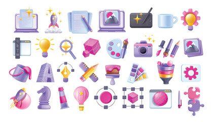 3d creative design icon set, vector art education sign kit, web business startup idea pictogram. pai