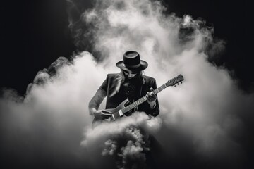 a man playing a guitar in a cloud of smoke. generative ai image.