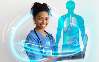 Fototapete - Young black woman doctor using laptop, checking patient anamnesis