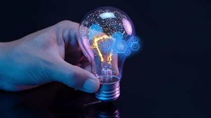 Glowing light bulb showing e-learning icons on virtual screen. Concept of online education, webinar for personal development and professional qualifications. Digital courses to develop new skills.