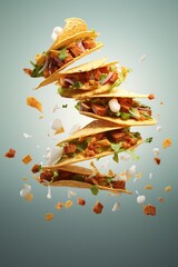 Wall Mural - flying tacos for food commercial, blank background