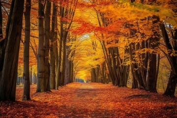 Sticker - autumn forest road in the morning, generative ai