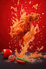 Wall Mural - a red chili pepper splashing with Fried Chicken on solid color background