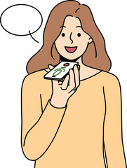 smiling woman record voice message on phone