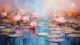 a painting of light pink water lilies in a pond, an impressionist painting. Relaxation, mental health yoga concept for print, decoration, illustration of books, websits, blogs, journals. Generative AI