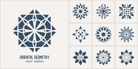 Wall Mural - Arabic circular geometric symbols set. Vector monochrome mosaic oriental ornamental emblems