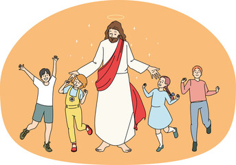 Smiling children dance near Jesus Christ