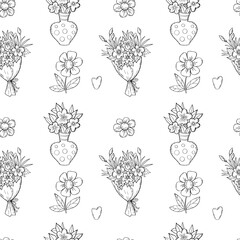 Wall Mural - Floral seamless pattern. Bouquet of flowers, daisies in vase on white background with hearts. Vector Illustration. modern art linear hand drawn for wallpaper, design, textile, packaging, decor.