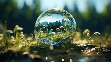 Canvas Print - Globe planet glass In a green forest with bokeh nature lights. world environment day. the concep for environment conservation, protect ecology earth and eco-friendly environmental life. Generative Ai.