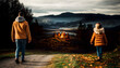 © ART STOCK CREATIVE - Group family and friends Go out set up tent and camping on fire, surrounded blazing fire with fuN. Sit and look view of valley and lake cold night in park. camping concept. generator AI illustration