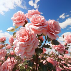 Poster - Pink pale roses bush over summer garden or park nature background. Roses garden, outdoor. Generative Ai.