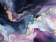 Abstract watercolor background in lilac, purple , navy and blue colors. Alcohol ink texture with golden streaks.