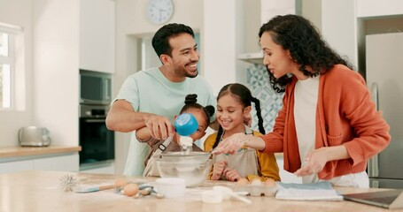 Canvas Print - Flour, recipe and a family baking in the kitchen together with parents teaching their girl children about food. Ingredients, love or bonding with kids learning how to cook from a mom and dad at home