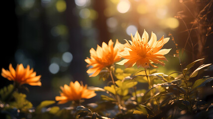 Wall Mural - Bright forest flowers with a beautiful blurred background.