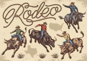 Canvas Print - Rodeo bulls set posters colorful