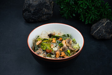 Wall Mural - Glass noodles with mushrooms, green beans, onions, broccoli and cashews.