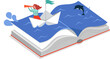 Giant book with tiny woman in paper boat flat illustration