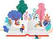 © Marina Zlochin - Giant book with tiny people and trees flat illustration