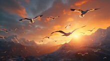 A Flock Of Seagulls Fly Over The Mountains In The Sky As The Sun Sets. Generative AI