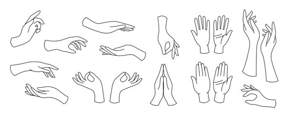 set outline woman hands. collection of different elegant gestures. line art for logo design, trendy 