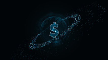 Blue digital money logo with particle ring circle rotation and earth sphere with ai technology icon on futuristic abstract background crypto currency finance and digital money concepts