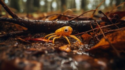 A small yellow crab sitting on top of a forest floor. Generative AI image.