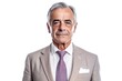 Elderly businessman retire in suit looking at camera on white background, headshot. Generative AI