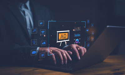 Poster - Digital online marketing commerce sale concept. Website advertising, Promotion of products or services through digital channels search engine, social media, email, Digital Marketing Strategy and Goals