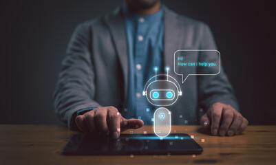 Poster - Chatbot concept. open AI, Artificial Intelligence. businessman using technology smart robot AI, enter command prompt, contact for business information analysis, Futuristic technology transformation.