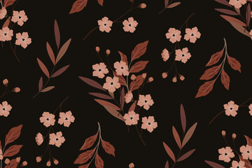 Seamless floral pattern, vintage ditsy print with autumn herbs. Elegant botanical design with hand drawn wild plants: small flowers, leaves, branches on a dark brown background. Vector illustration.