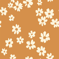 Wall Mural - Seamless floral pattern, liberty ditsy print with simple daisy buds. Cute botanical design with tiny hand drawn plants: small white flowers on a natural background. Vector illustration.