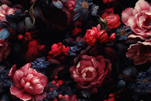 Bunte Vintage Und Retro Blumen - Nahtloses Muster - Florale Textur Im Aquarel Stil Auf Dunklen Hintergrund
