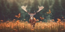 A Deer In A Field Of Flowers With Butterflies. Generative AI Image.