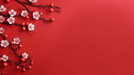 Poster - Chinese new year festival decorations made from chinese good luck symbol and plum blossom on a red background. Flat lay, top view with space